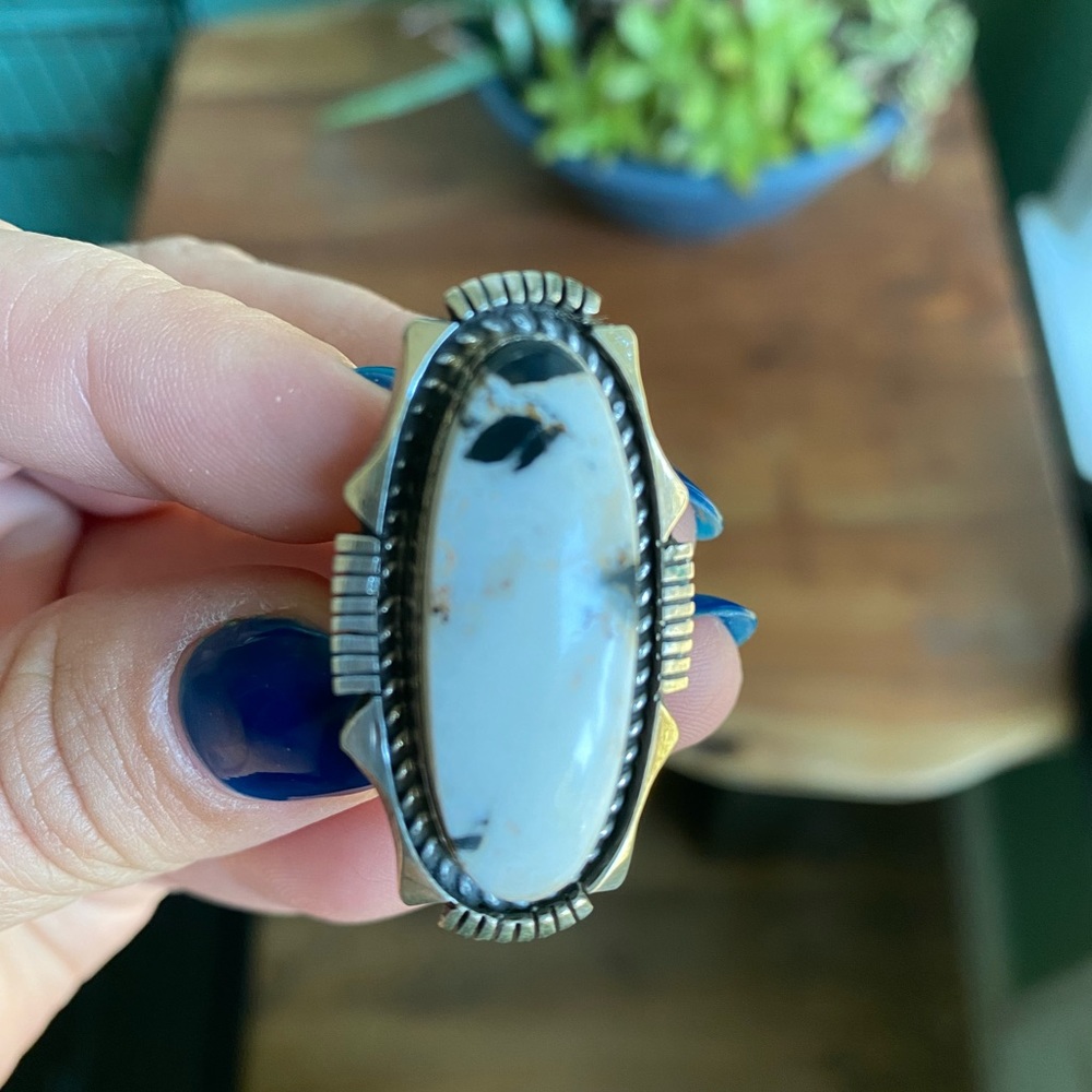 Beautiful handmade sterling silver and White Buffalo ring by Eddie Secatero.